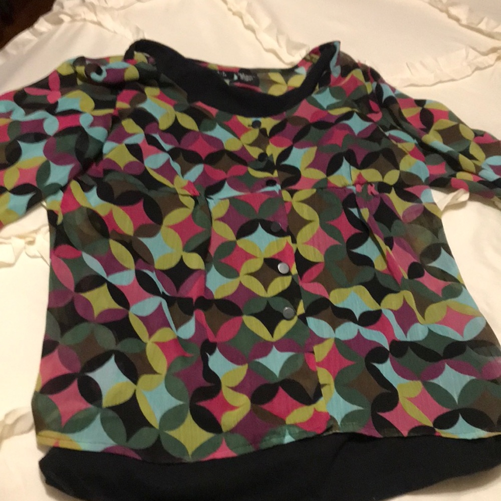 Size S black mauve green multi blouse by RQT